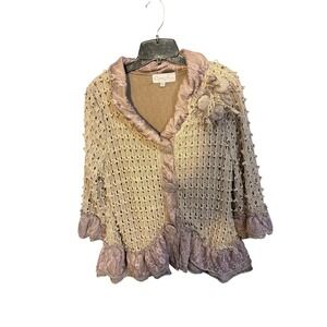 Pretty Angel Womens Open Knit Lace Ruffle Cardigan Mauve Tan Shabby Chic Medium